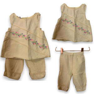 Vintage Baby Q Tank  Embroidered Buttons Canvas Knit Bottoms Girls 24M Yellow
